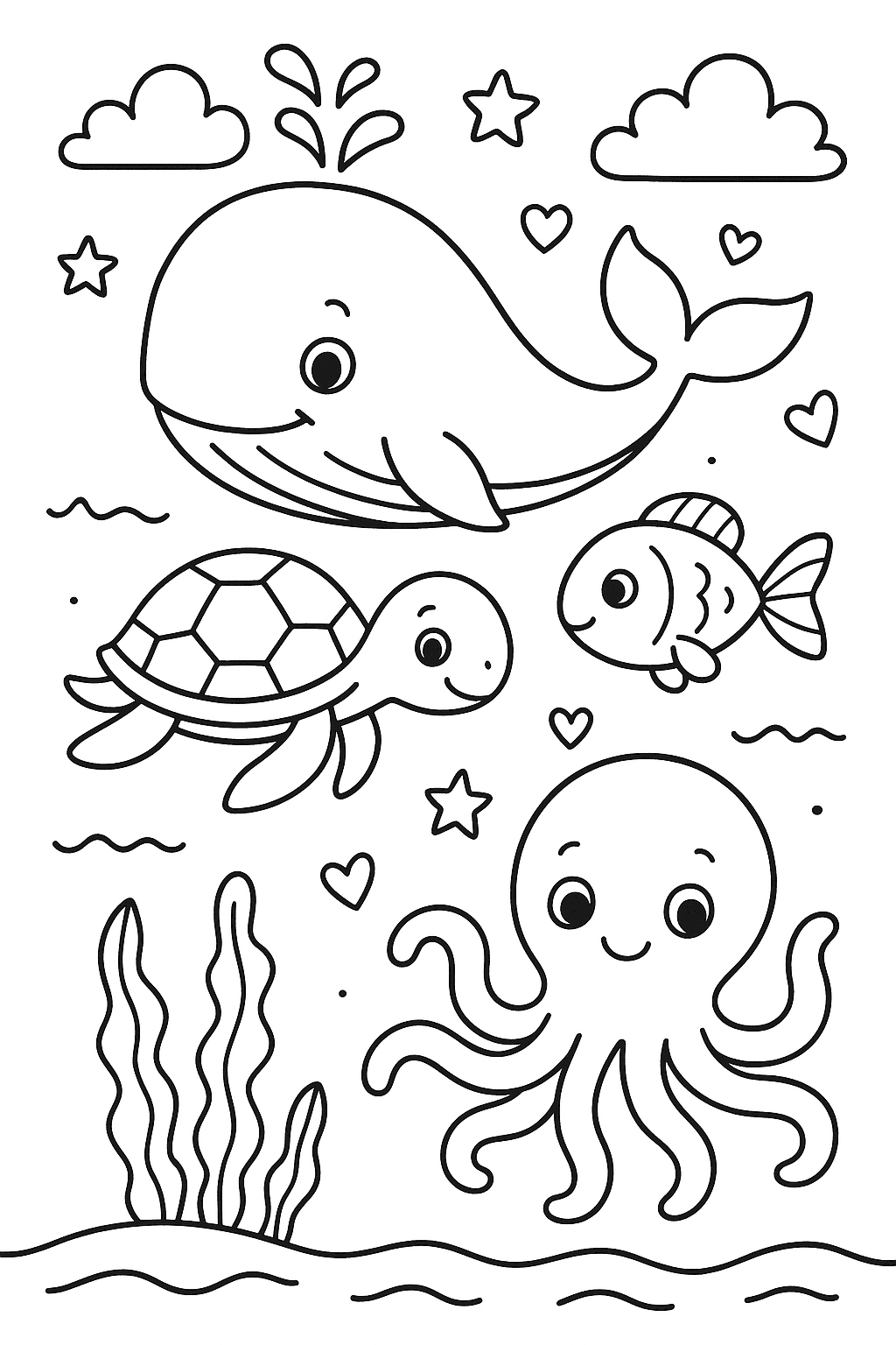 create coloring page for sea animals bold outline , vector , white background