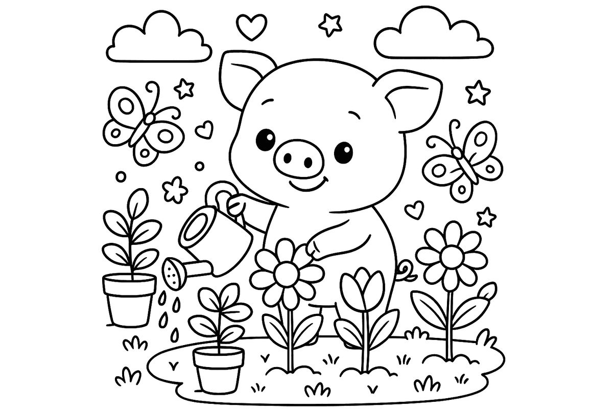 A black and white line art coloring book illustration of a pig watering flowers in a small garden filled with butterflies, pots, and blooming plants. Featuring cute animal characters with perfect bold black outlines on a clean white sheet. Highly detailed but simple composition, no shading or grayscale, centered layout, cozy and relaxing theme, suitable for a children's or teen coloring book. Precise, smooth inked lines and empty fill areas for coloring.