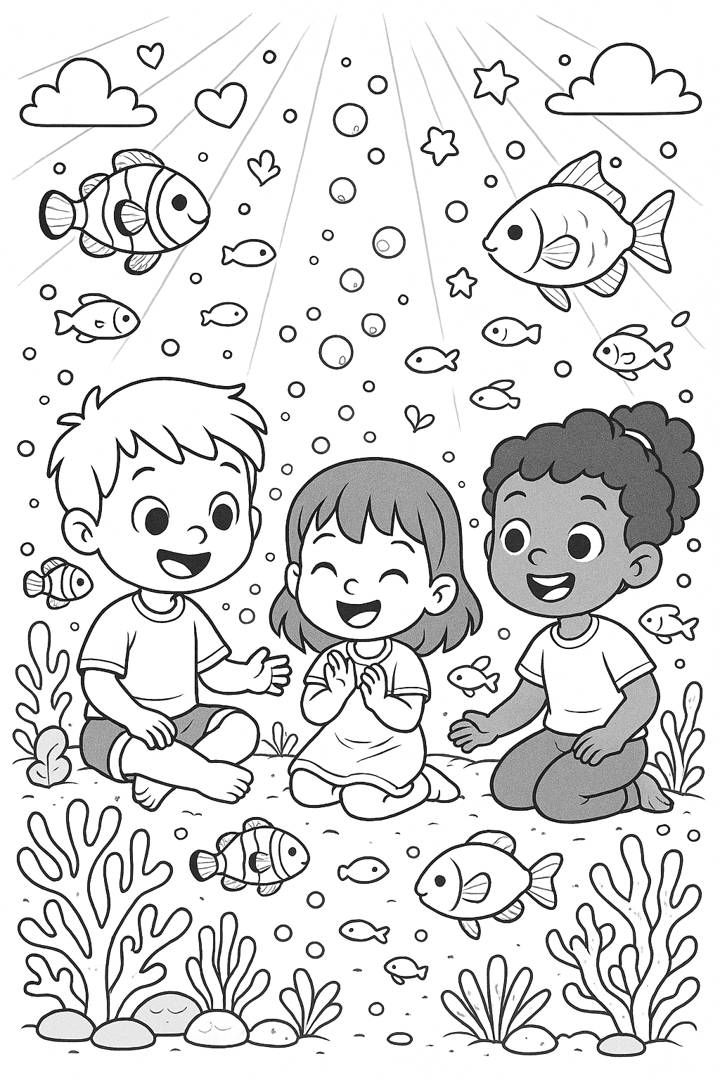 Une illustration en noir et blanc, de style dessin animé, représentant trois enfants assis au fond de l’océan, entourés de poissons et de coraux. Les enfants sourient et jouent ensemble sur le sable marin, pendant que des poissons-clowns et d’autres poissons nagent autour d’eux. L’éclairage vient du dessus, créant de beaux contrastes et des effets de lumière sous l’eau. L’ambiance est joyeuse et magique, avec beaucoup de détails dans les bulles, les poissons et les expressions des enfants. Aucune couleur — uniquement des nuances de gris, blanc et noir.
