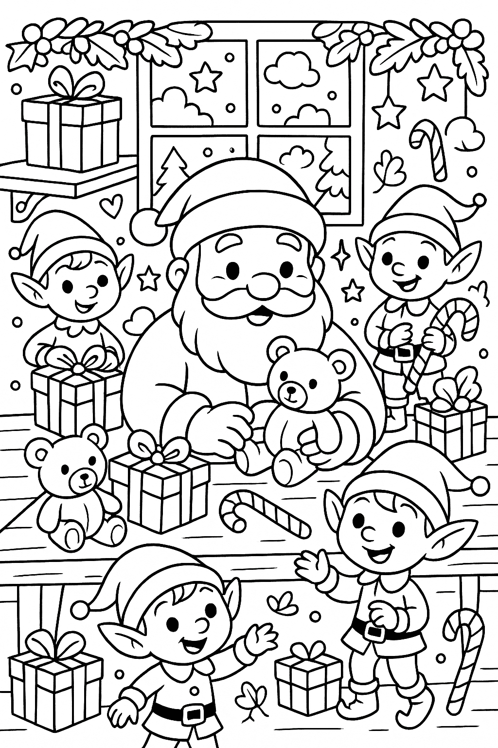 Black and white line art illustration of Santa Claus working in his toy workshop surrounded by cheerful elves, teddy bears, gift boxes, and candy canes — detailed Christmas decor, cozy and magical, clean outlines for children’s coloring book,