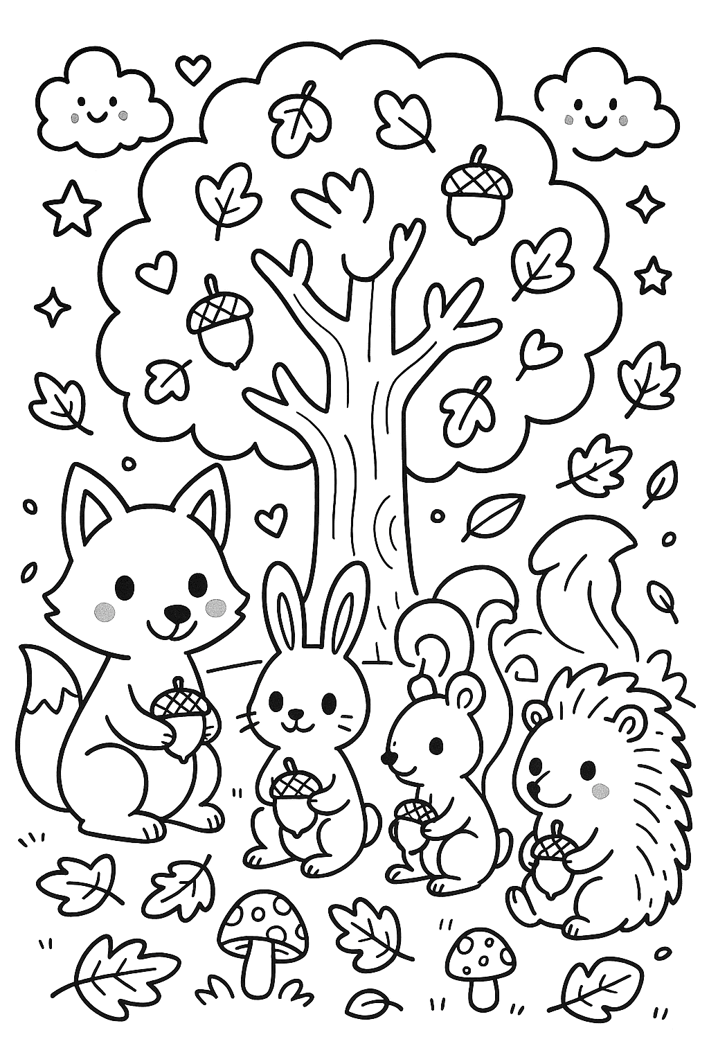 QIn an A4 format make a coloring page of Doodle-style black and white illustration of a fox, rabbit, squirrel, and hedgehog sharing acorns under a large oak tree, surrounded by fallen leaves, mushrooms, and smiling faces, clean line art for coloring.