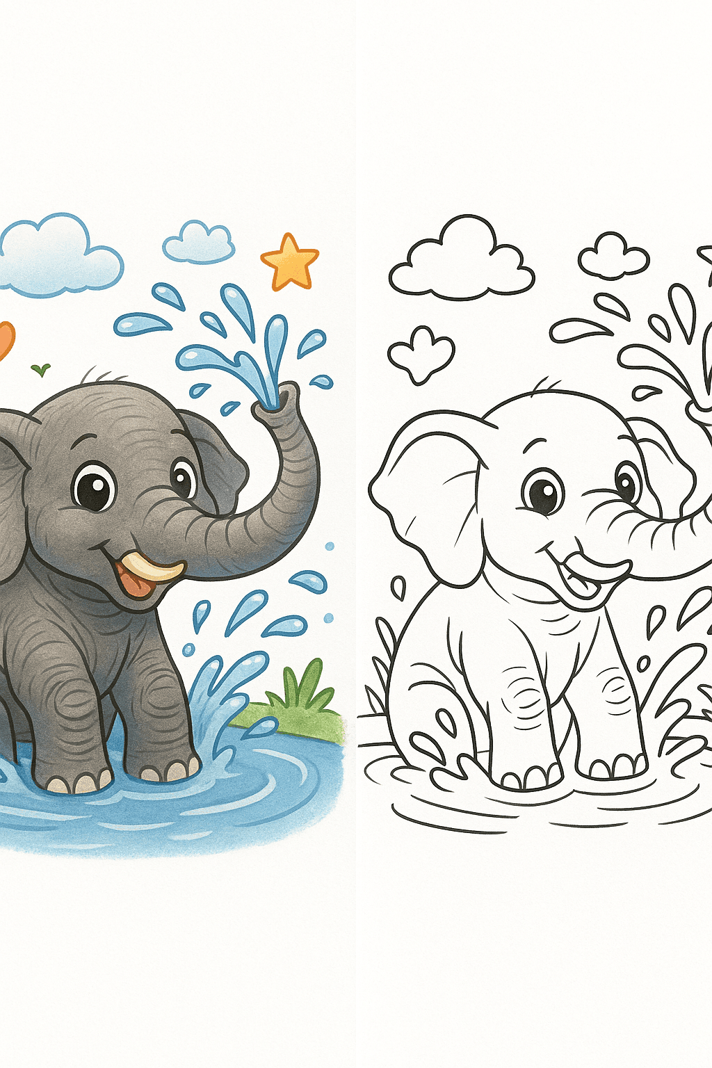 Generate an image with a colored illustration of 'majestic elephant splashing in water' on the left side, and the same illustration in a black-and-white outline on the right side. Include large expressive eyes, detailed wrinkled skin, curved tusks, and water droplets flying around to enhance the image. Both sections should have a white background.