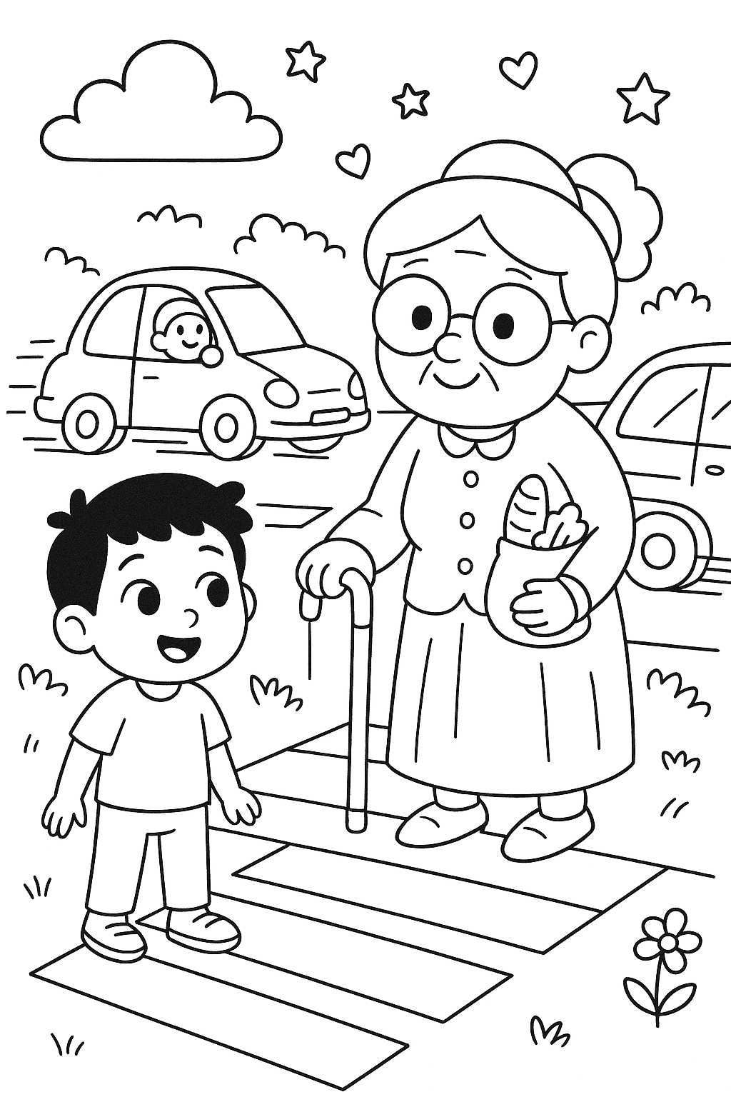 At the corner, Omar saw an old lady standing by the street. She held a little bag of groceries and a shiny wooden cane. Cars zoomed by — **vroom, vroom!** *Illustration:* Grandma waiting at the crosswalk, cars passing by fast.
