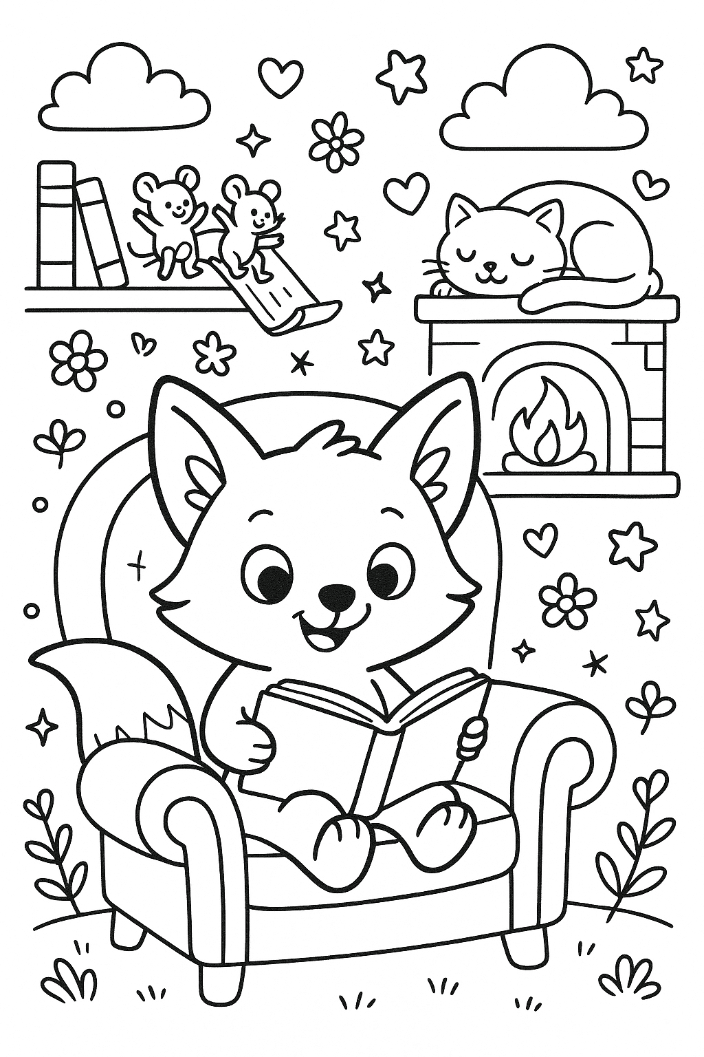 A cheerful fox reads a book in a big armchair. Lively Background: On the bookshelf behind the fox, two tiny mice are using a book as a slide. A sleepy cat is curled up on the mantle of a simple fireplace.