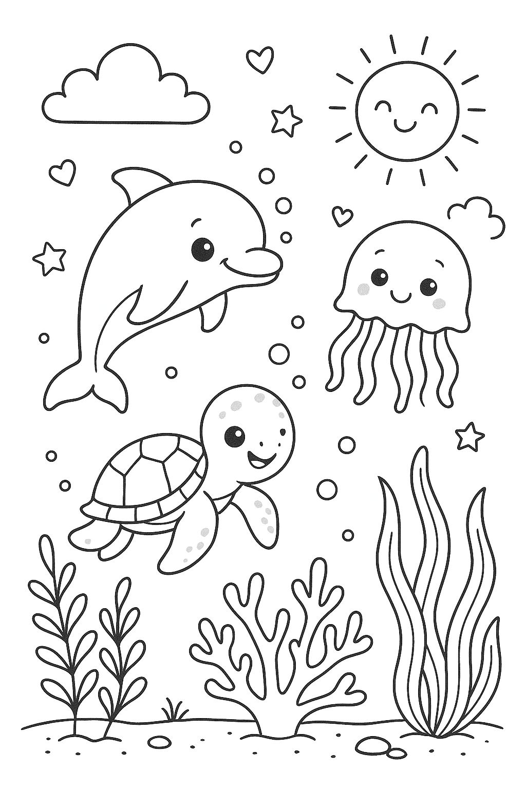 1. Cute Underwater Friends “A simple kids line-art page showing a dolphin, sea turtle, and jellyfish swimming around corals and sea plants, with smiling faces and bubbles, black-and-white coloring book style.”