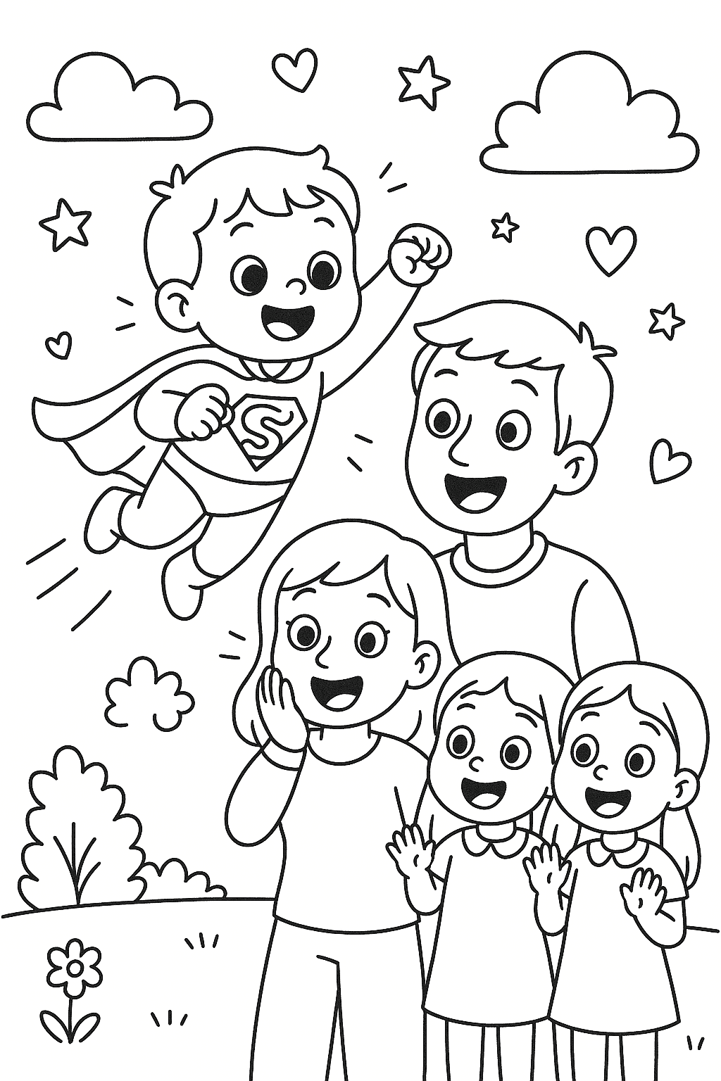 Un enfant 3 ans qui jour le superman et son papa et sa maman et ses 2 soeurs jumelle de 7 ans son surpris