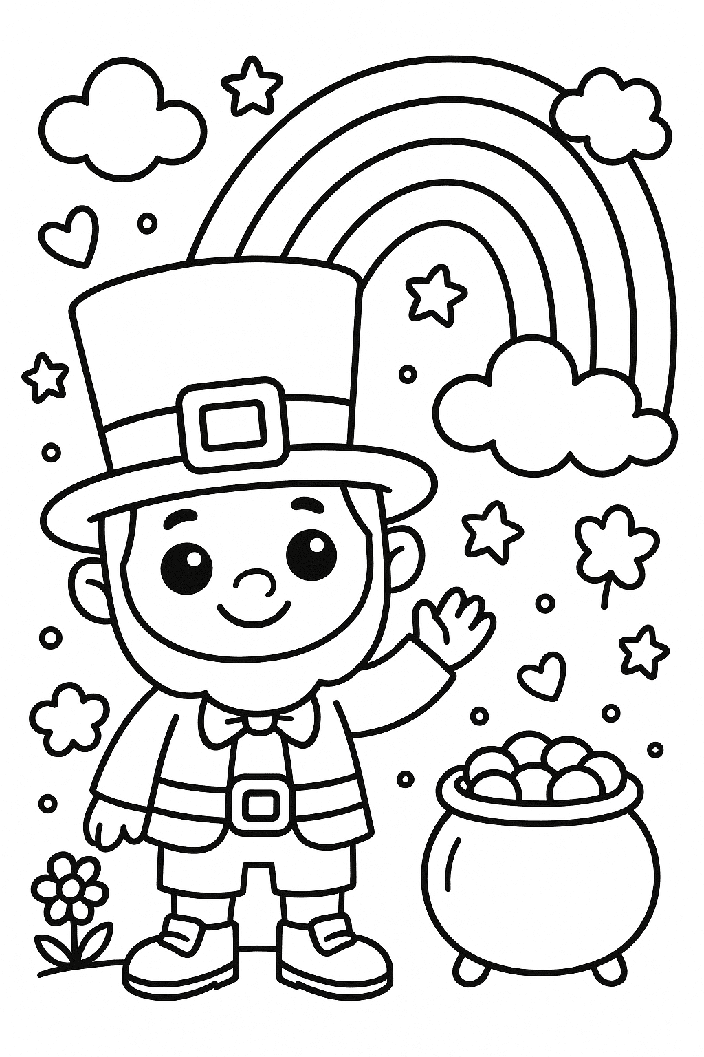 Cute smiling leprechaun waving, big hat with buckle, simple face, standing next to a small pot of gold, large rainbow behind, black and white coloring page, thick bold lines, simple shapes, no shading, for kindergarten kids