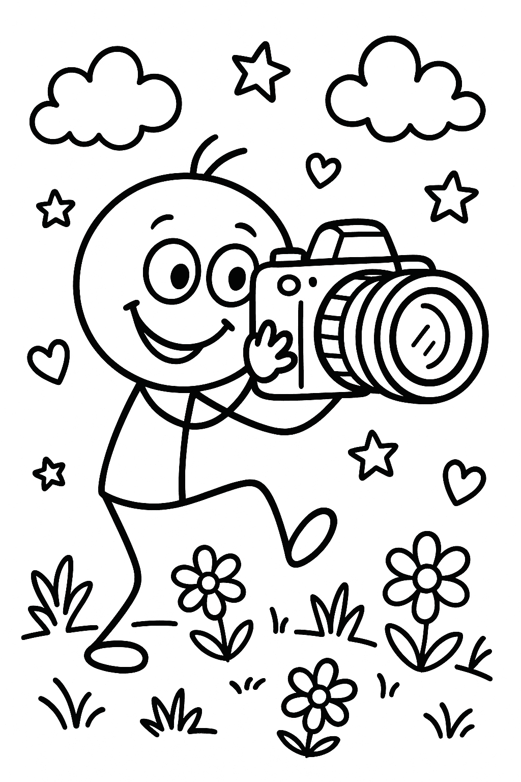 cute stick figure photographer taking photos with a big camera, smiling, fun pose, cartoon style - simple line art, black and white, thick outlines, children coloring page, no shading, no background details