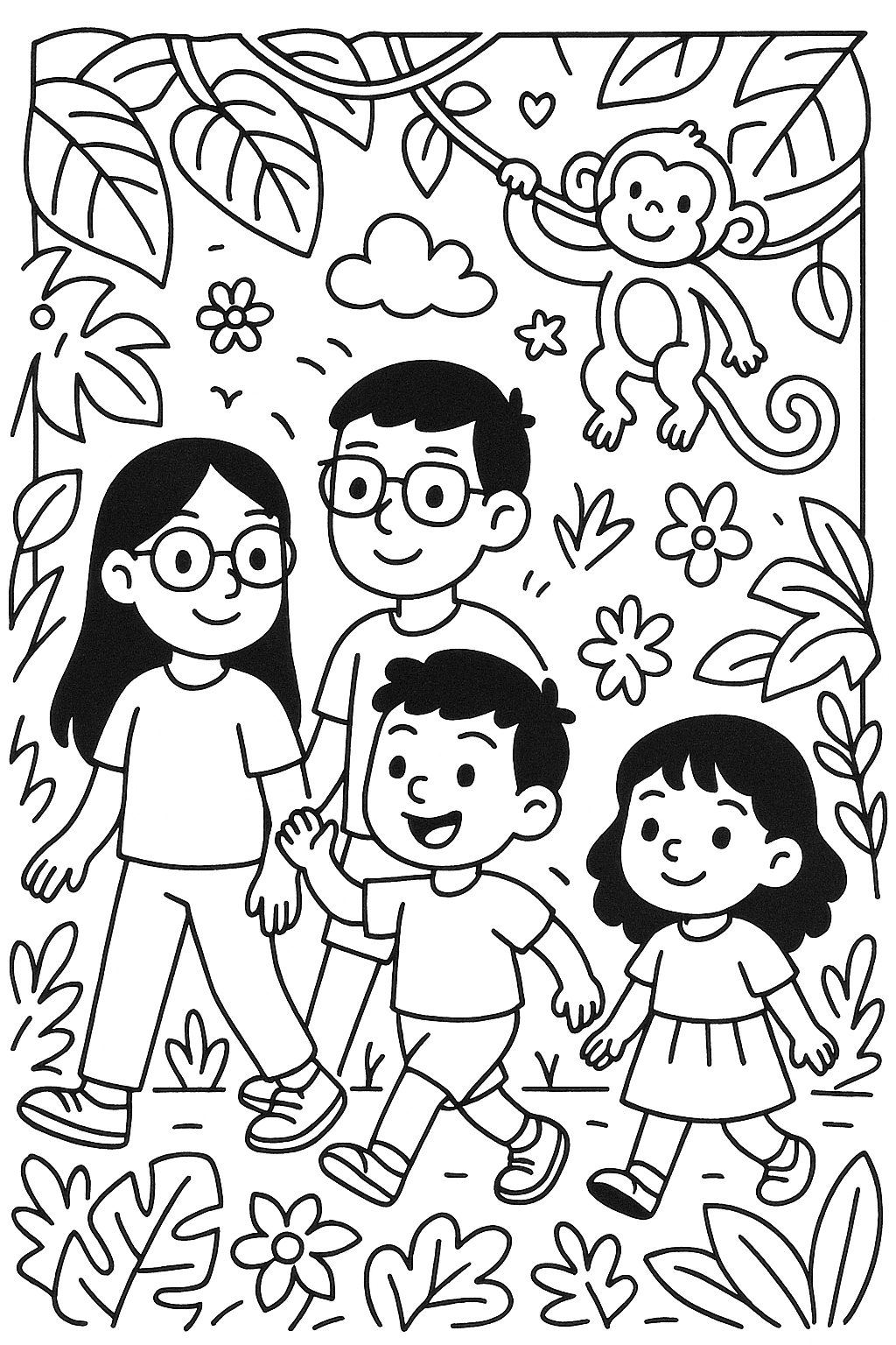 « Scène de jungle pour enfants : quatre enfants (une grande fille calme aux cheveux longs noirs et lunettes, un grand garçon aux cheveux courts noirs et lunettes, un garçon dynamique aux cheveux châtains, une petite fille aux cheveux bruns ondulés) marchent ensemble dans une jungle douce et amusante. Lianes, feuilles larges, fleurs tropicales, un petit singe souriant sur une branche. Style coloriage : traits noirs épais, contours simples, fond léger, sans ombrages. Format page à colorier. »