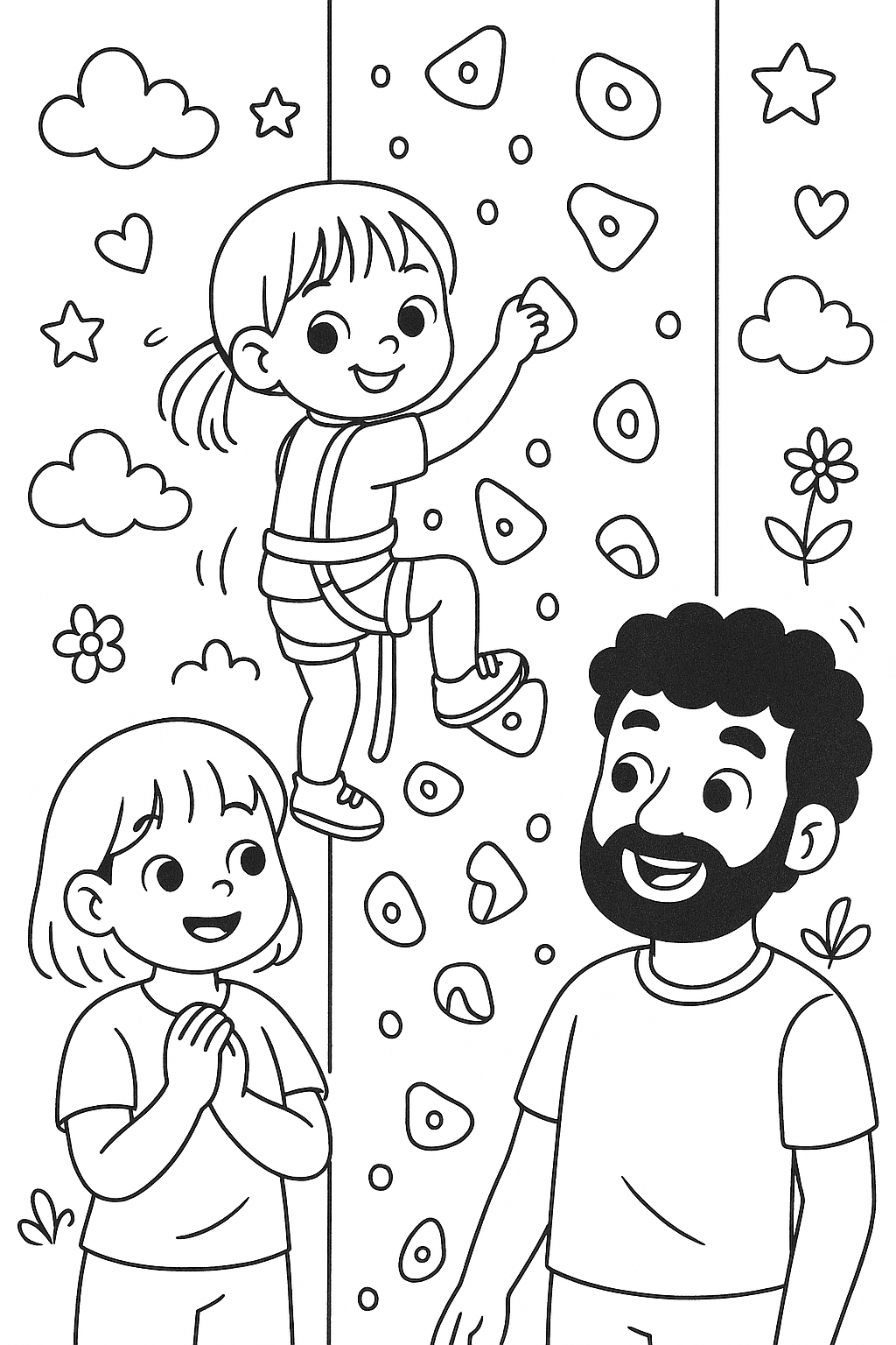 Petite fille de 5 ans eurasienne fais de lescalade dans une salle descalade avec sa mere asiatique petite tete ronde et son pere avec beaucoup de cheveux et une barbe