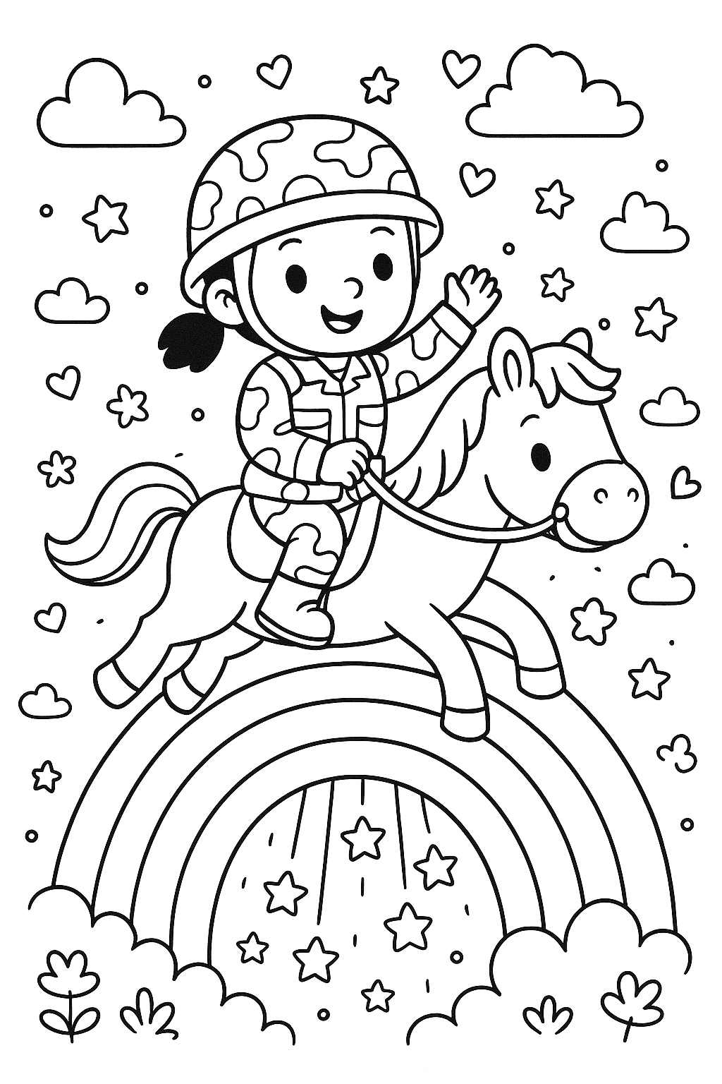 une militaire sur un cheval dans un arc en ciel et des etoiles qui tombent de l'arc en ciel et c'est magnifique