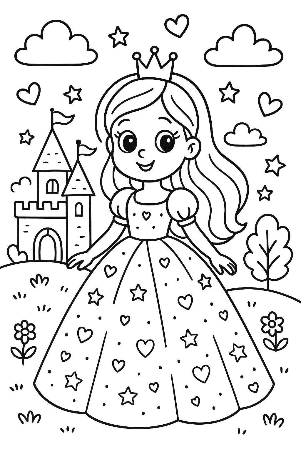 Dessin dans un château avec une princesse barbie avec une robe de princesse large avec des paillettes et des cœurs et des étoiles et dessin pour enfants de 4 ans