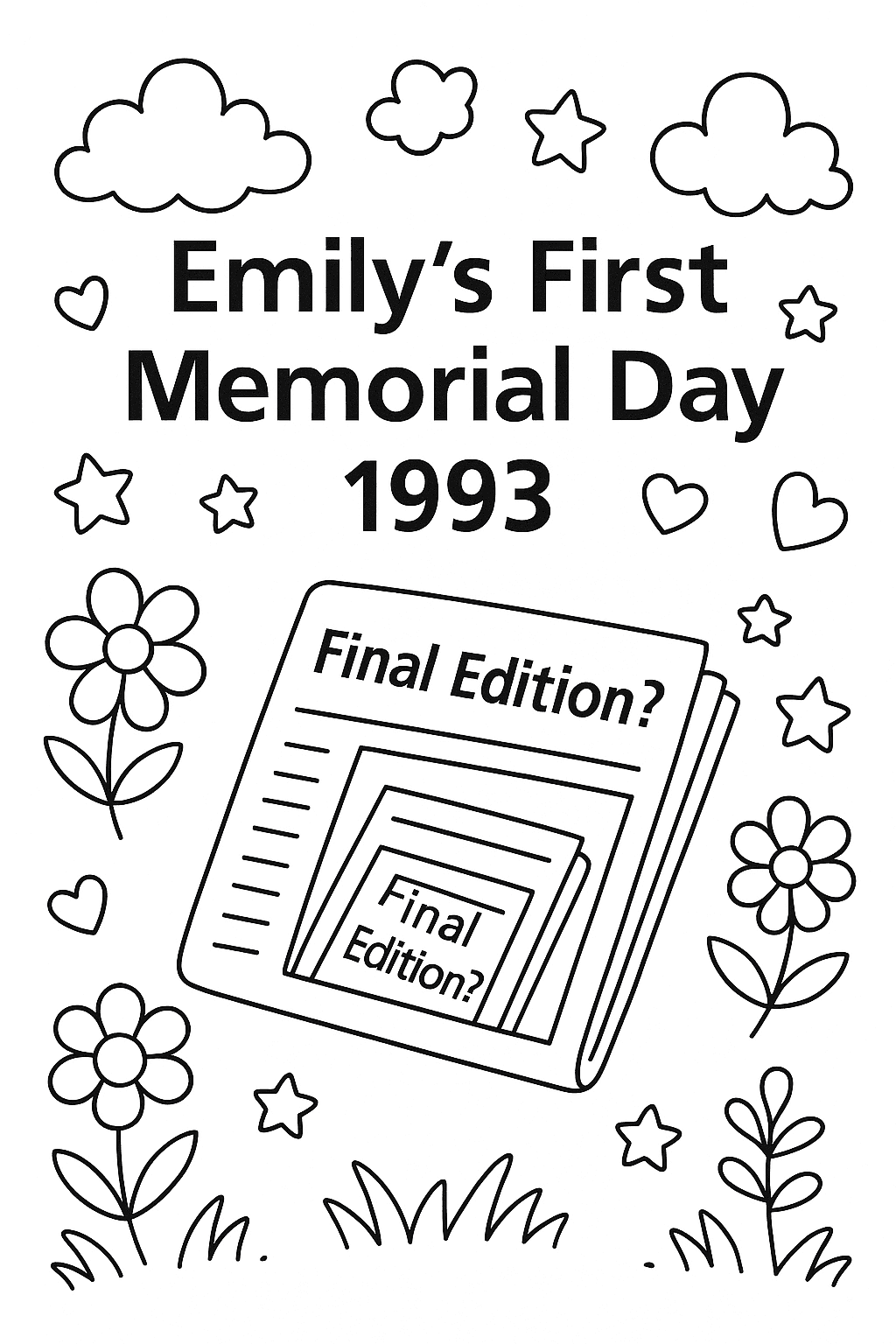 1:1 realistic outside scenery with a center of this white text with Arial Regular font style says, Emily's First Memorial Day 1993 on it with May 12, 1993 newspaper, leave May 12, 1993 newspaper alone, keep this font, Arial Regular original, don't recreate May 12, 1993 newspaper, somebody already made May 12, 1993 newspaper back in 1993, don't make any mistakes, don't create any black letters, don't create any black numbers, keep this image, May 12, 1993 newspaper original, don't make any wrong words on this image, don't make any wrong numbers on this image, with objects, with decorations, without any pictures of any humans, without any bold fonts, without any italic fonts, without any narrow fonts, without any white images, without any pictures of any animals, without any pictures of any birds, without any pictures of any insects, and without any pictures of any characters