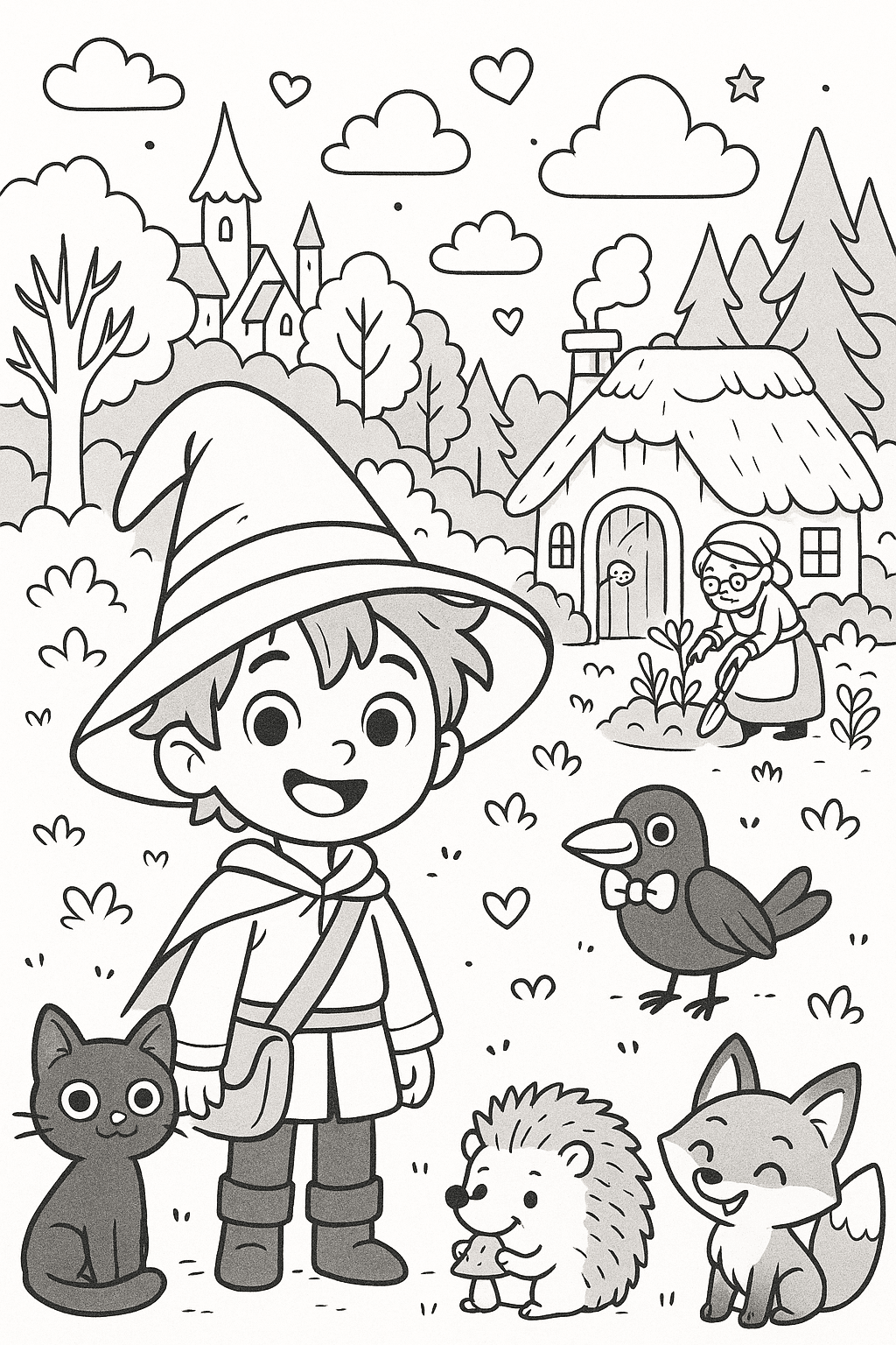 Au fond : un village et une forêt enchantée. Une petite chaumière devant laquelle jardine une grand mère. En premier plan, un garçon souriant avec une cape raccommodée, un chapeau de sorcier trop grand pour lui, des cheveux ébouriffés, portant une besace. A ses côtés, une chatte noire; un corbeau avec un noeud papillon, un hérisson gourmand et un renard farceur.