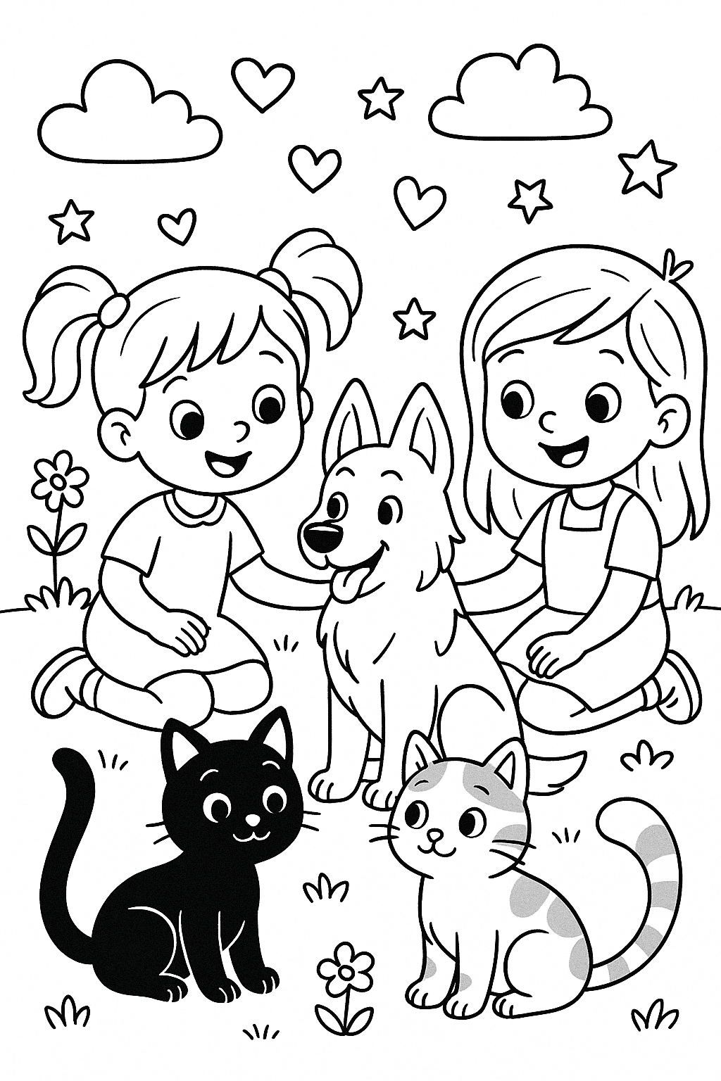 deux petites filles qui jouent avec un chat noir et un chat gris et blanc et un berger allemand