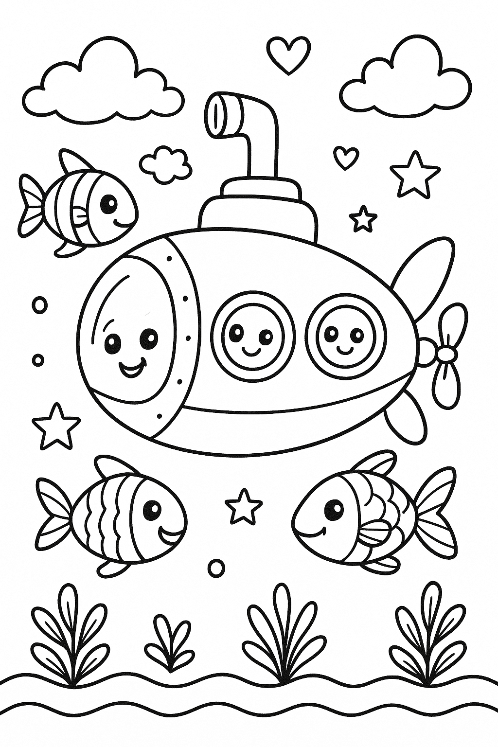 Un sous-marin avec des poissons rigolos