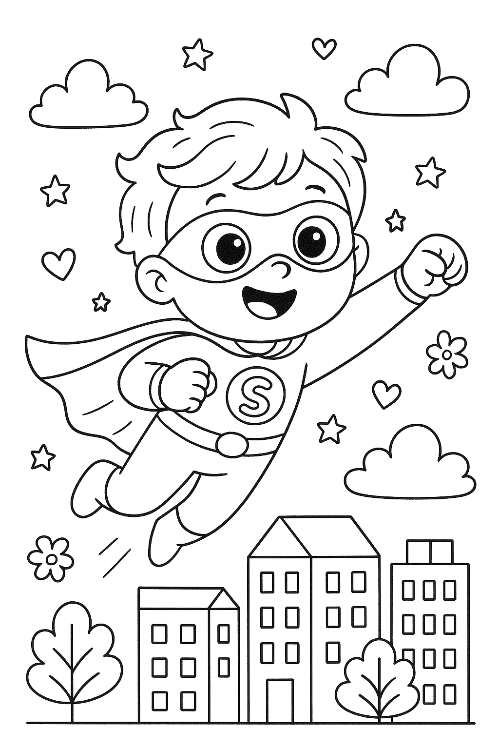 Un enfant super-héros qui vole au-dessus de la ville