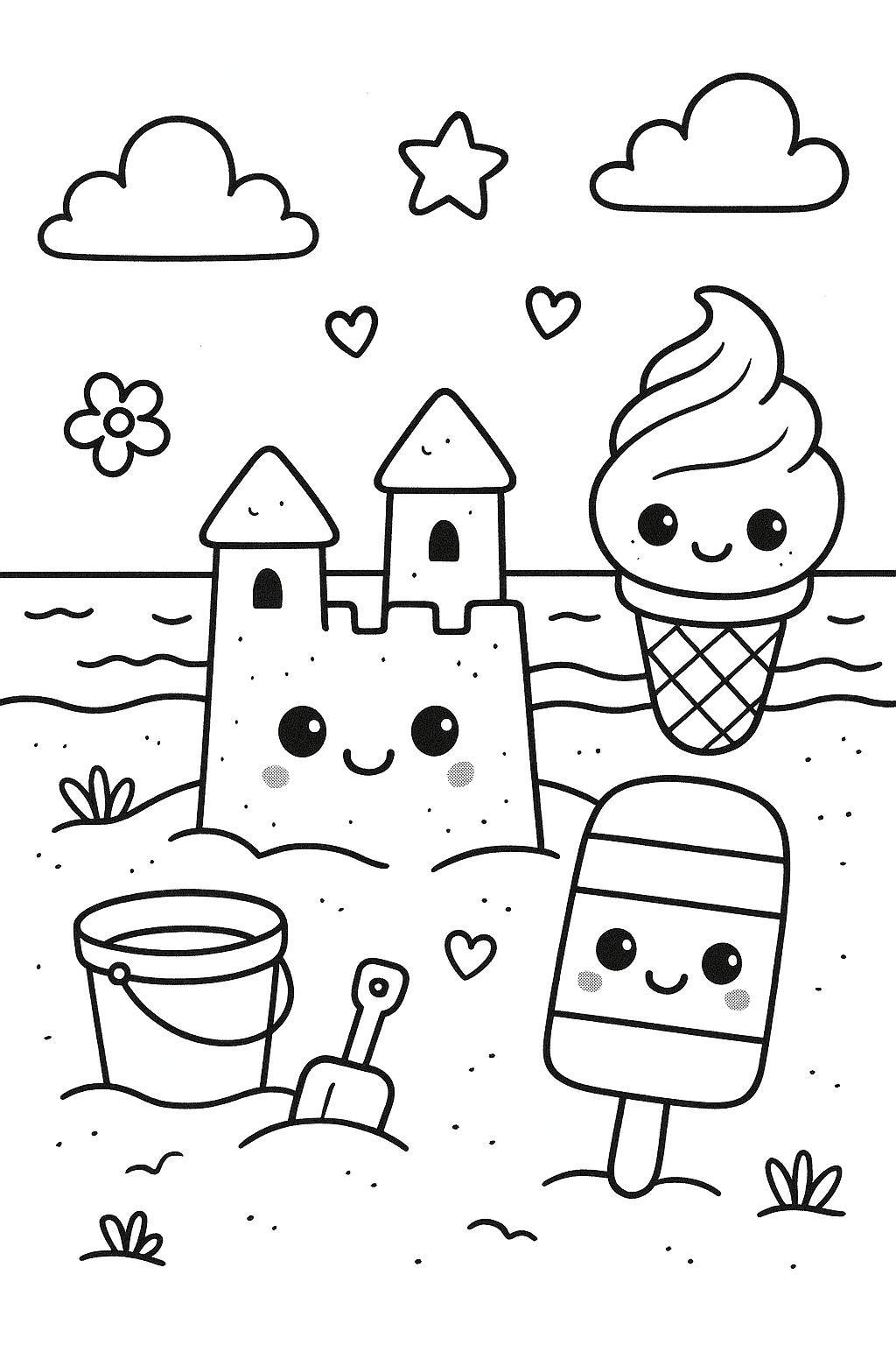 Une plage avec château de sable et glaces