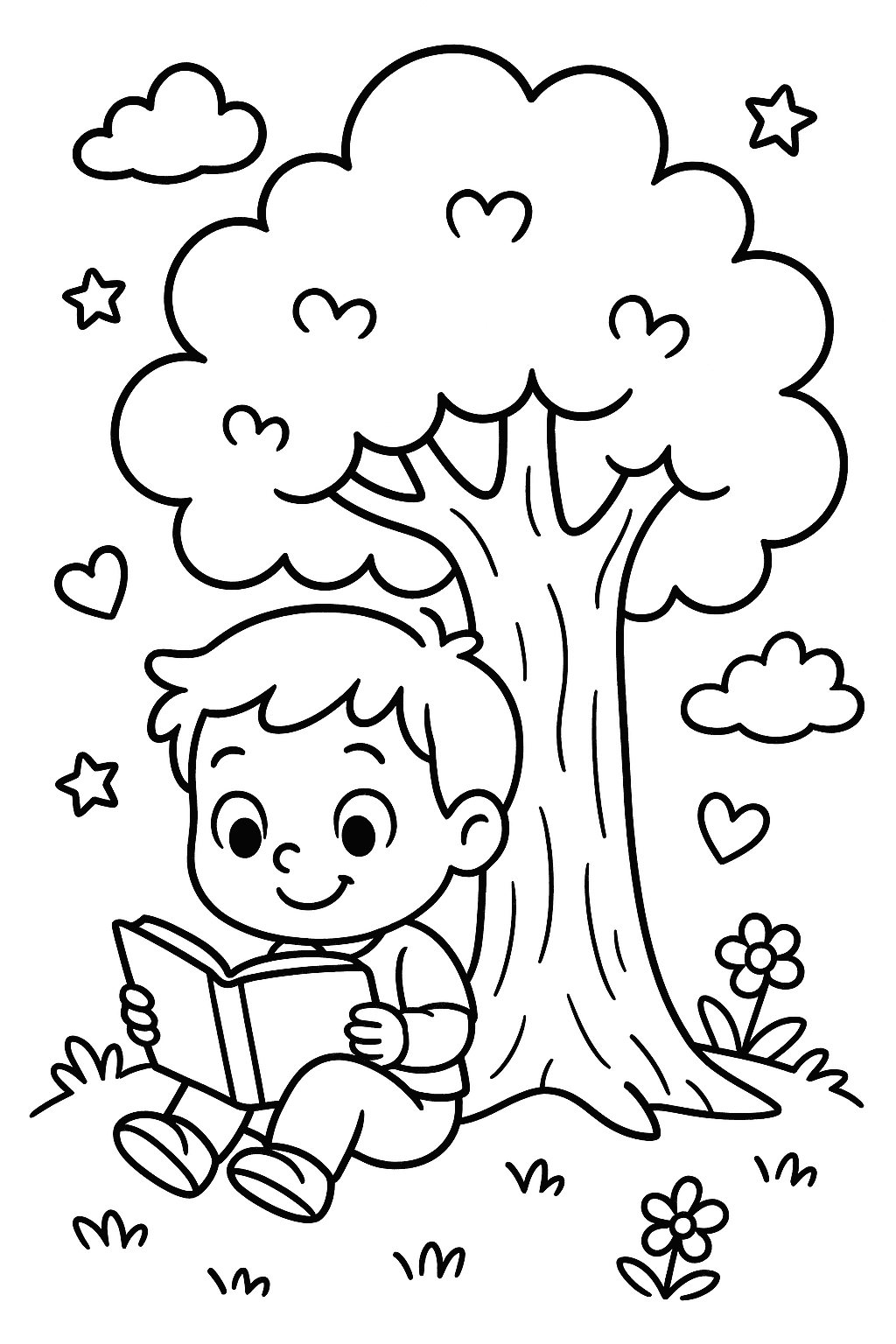 Un enfant qui lit sous un arbre