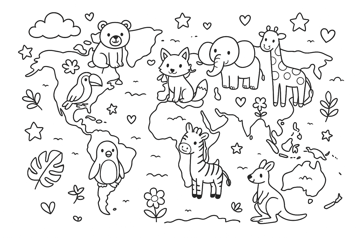 Une carte du monde avec des animaux par continent