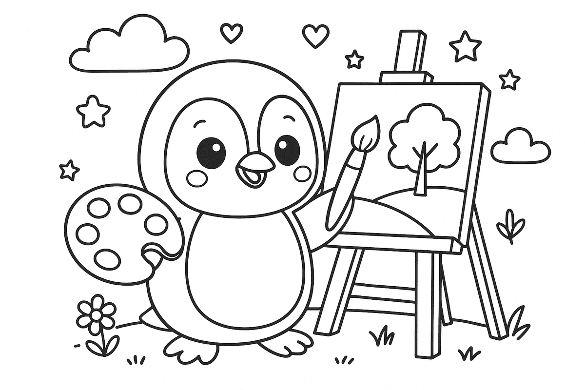 Un pingouin qui peint un tableau